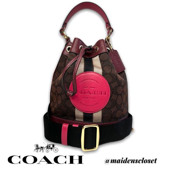 Coach Handbags - Coach Signature Jacquard Dempsey Bucket Crossbody Bag With Stripes and Patch